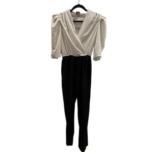Vintage 80's Glam Black & White Jumpsuit Surplice Top Puff Shoulder Tapered Leg
